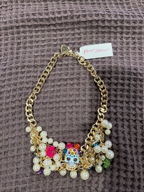 Betsey Johnson Gold-Tone Multicolor Pearl Skull Charm Necklace